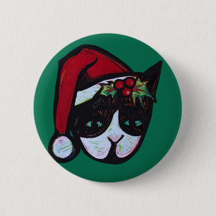 Chapa Redonda De 5 Cm Feliz Navidad Negro y Gato Blanco