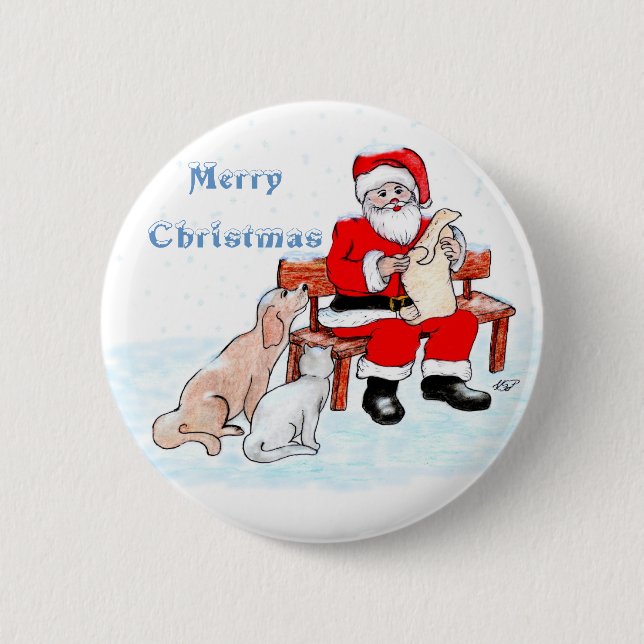 Chapa Redonda De 5 Cm Feliz Navidad - Papá Noel con gato y perro (Anverso)