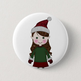 Chapa Redonda De 5 Cm Feliz Navidad Purpurinoso Elf Chica Invierno Verde