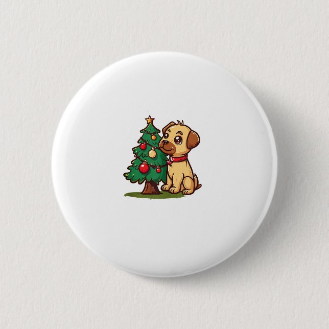 Chapa Redonda De 5 Cm Feliz perro navideño con un bonito árbol para adul (Anverso)