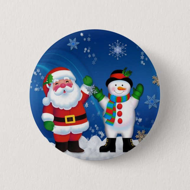 Chapa Redonda De 5 Cm Feliz Santa Claus y Snowman (Anverso)