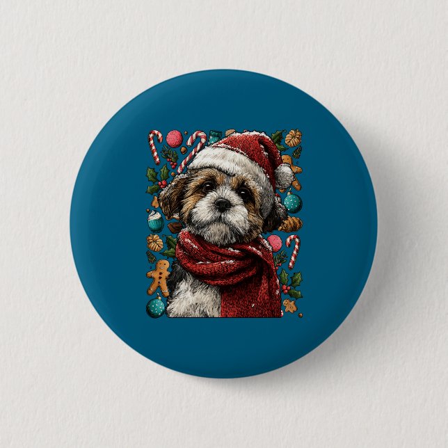 Chapa Redonda De 5 Cm Festive Shih Tzu With Santa Hat Snowy Winter Chris (Anverso)