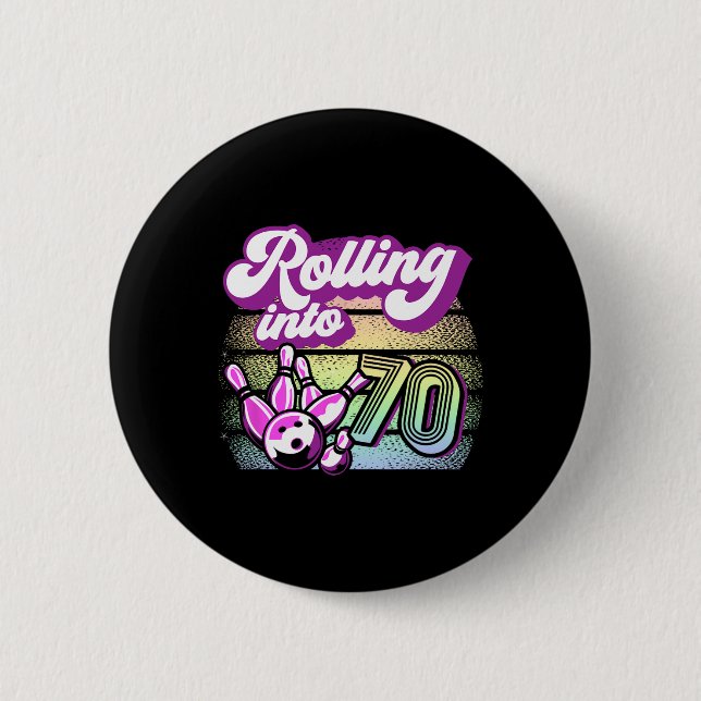 Chapa Redonda De 5 Cm Fiesta de boliche Rolling en 70 Bowling Cumpleaños (Anverso)