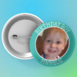 Chapa Redonda De 5 Cm Fiesta de cumpleaños personalizada para nombre y f<br><div class="desc">Adorable nombre verde azulado personalizado y botón foto de Nacimiento.</div>