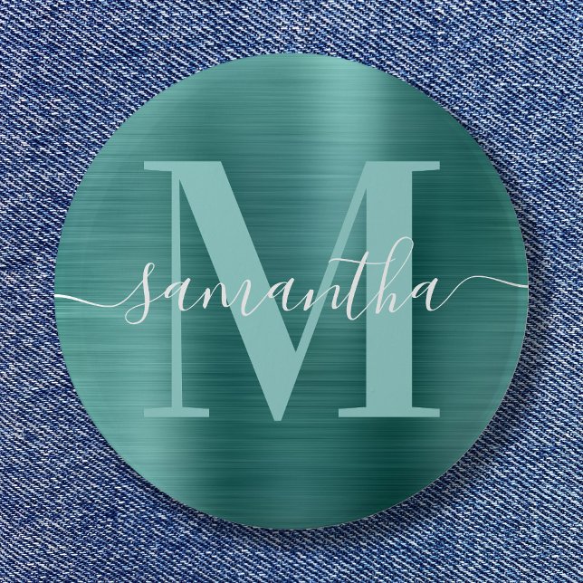 Chapa Redonda De 5 Cm Firma Monograma Aqua Relieve metalizado de verano  (Signature Monogram Aqua Teal Shimmer Foil Button)