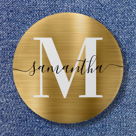 Chapa Redonda De 5 Cm Firma Monograma Dorado Shimmer Relieve metalizado