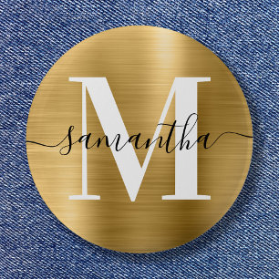 Chapa Redonda De 5 Cm Firma Monograma Dorado Shimmer Relieve metalizado