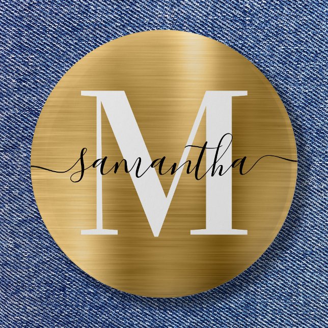 Chapa Redonda De 5 Cm Firma Monograma Dorado Shimmer Relieve metalizado (Signature Monogram Gold Shimmer Foil Button)
