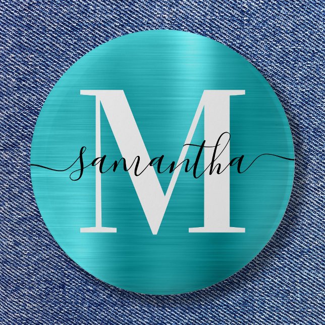 Chapa Redonda De 5 Cm Firma Monograma Relieve metalizado de brillo azul  (Signature Monogram Turquoise Blue Shimmer Foil Button)