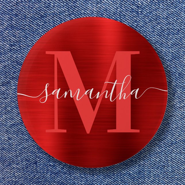 Chapa Redonda De 5 Cm Firma Monograma Relieve metalizado del rompecabeza (Signature Monogram Red Shimmer Foil Button)