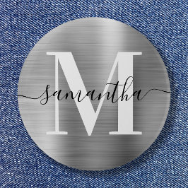 Chapa Redonda De 5 Cm Firma Monograma Relieve metalizado Silver Shimmer