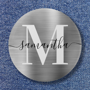 Chapa Redonda De 5 Cm Firma Monograma Relieve metalizado Silver Shimmer