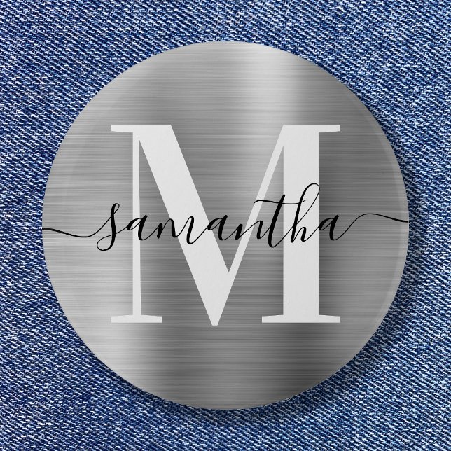 Chapa Redonda De 5 Cm Firma Monograma Relieve metalizado Silver Shimmer (Signature Monogram Silver Shimmer Foil Button)