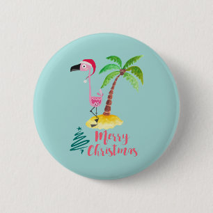 Chapa Redonda De 5 Cm Flamingo Rosado En Un Sombrero De Papá Noel