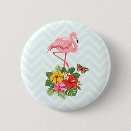 Chapa Redonda De 5 Cm Flamingo rosado y flamante tropical hibiscus