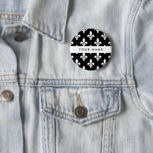 Chapa Redonda De 5 Cm Fleur de Lis, Blanco sobre Negro, Blanco, Tu Nombr