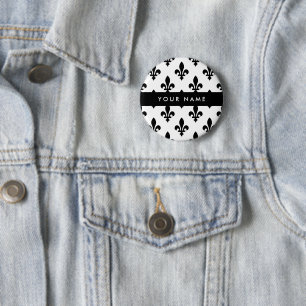 Chapa Redonda De 5 Cm Fleur de Lis, Negro sobre Blanco, Negro, Tu Nombre
