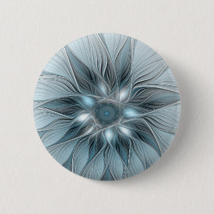 Chapa Redonda De 5 Cm Flor abstracta alegre azul gris fractal floral