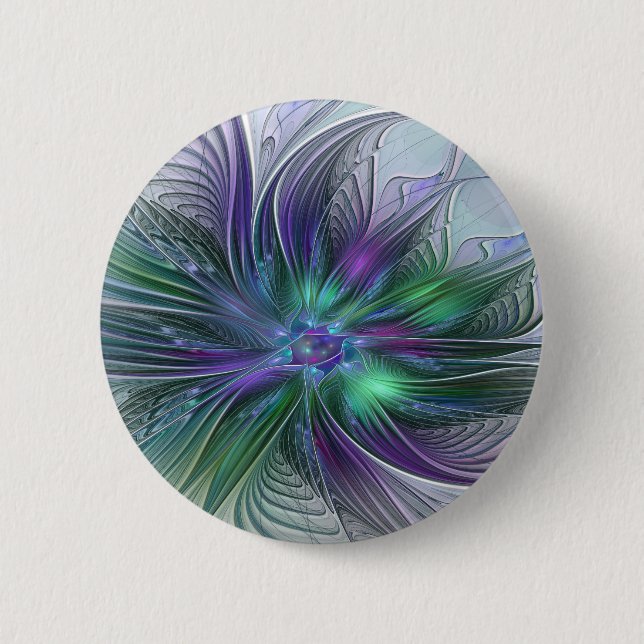 Chapa Redonda De 5 Cm Flor moderna abstracta fractal verde morado (Anverso)