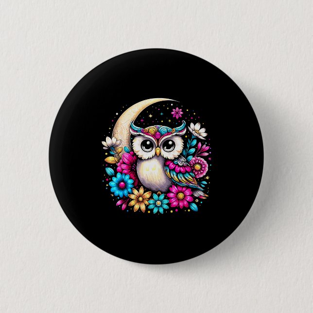 Chapa Redonda De 5 Cm Floral Owl And Moon  (Anverso)