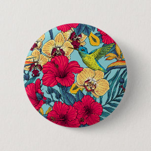 Chapa Redonda De 5 Cm Florales Tropicales y Colibrí - Botanica de Verano