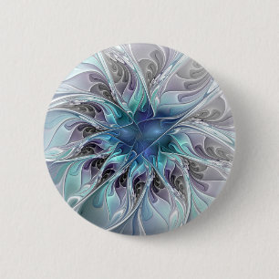 Chapa Redonda De 5 Cm Florecer Abstracto Moderno Floral Fractal Con Azul