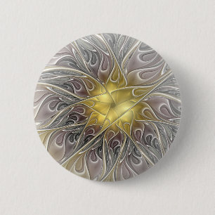 Chapa Redonda De 5 Cm Florecer con flor fractal abstracta moderna de oro