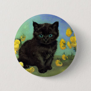 Chapa Redonda De 5 Cm Flores amarillas de gato negro Van Gogh