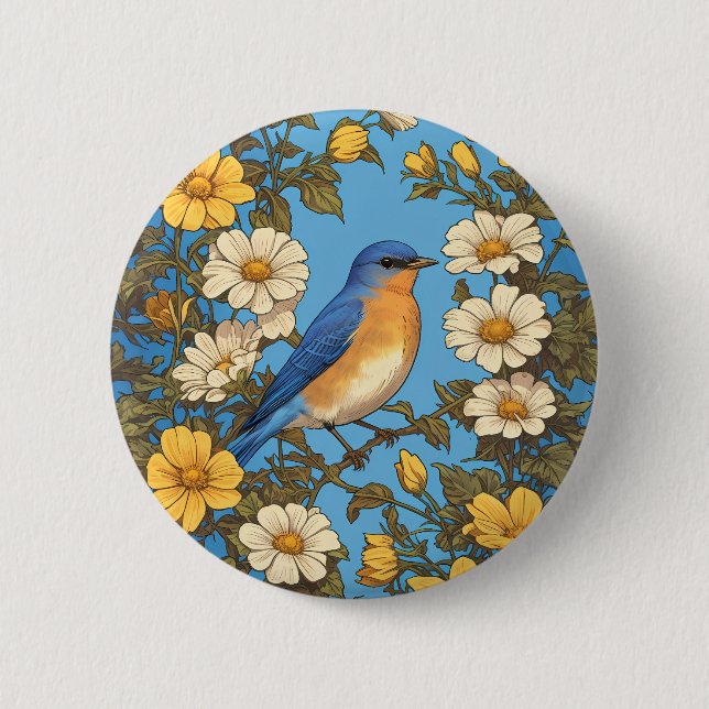 Chapa Redonda De 5 Cm Flores amarillas y blancas animadas del Bluebird (Anverso)