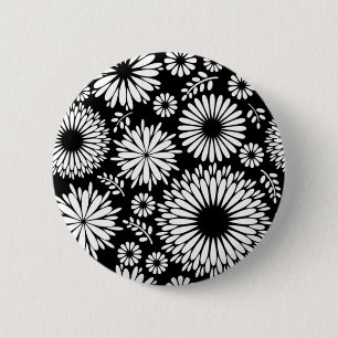 Chapa Redonda De 5 Cm Flores Boho Patrón floral vectorial negro y blanco