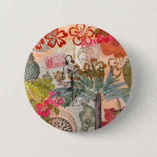 Chapa Redonda De 5 Cm Flores de época tropical hawaiana colorida hula