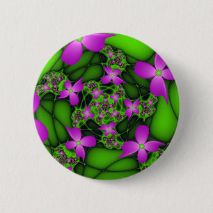 Chapa Redonda De 5 Cm Flores fractales abstractas modernas rosa verde ne