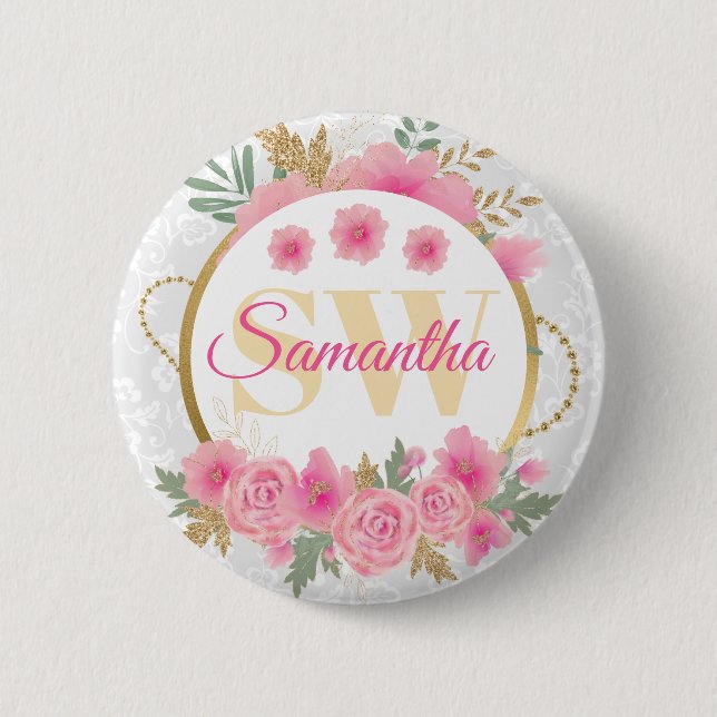 Chapa Redonda De 5 Cm Flores rosa acuarelas y monograma de Relieve metal (Anverso)