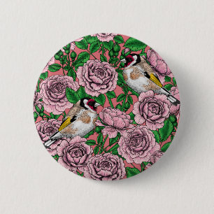 Chapa Redonda De 5 Cm Flores rosa y pájaros dorados