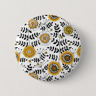 Chapa Redonda De 5 Cm Flores y hojas de perro en amarillo y negro