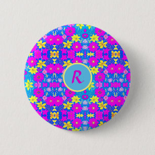 Chapa Redonda De 5 Cm Fondo con patrón de flores rosas azules amarillas