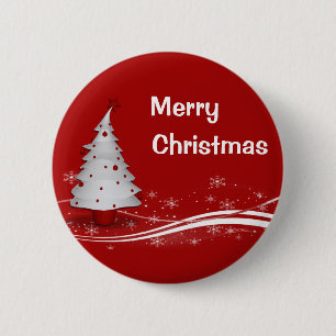 Chapa Redonda De 5 Cm Fondo rojo festivo y árbol de Navidad blanco