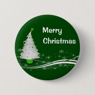 Chapa Redonda De 5 Cm Fondo verde festivo y árbol de Navidad blanco