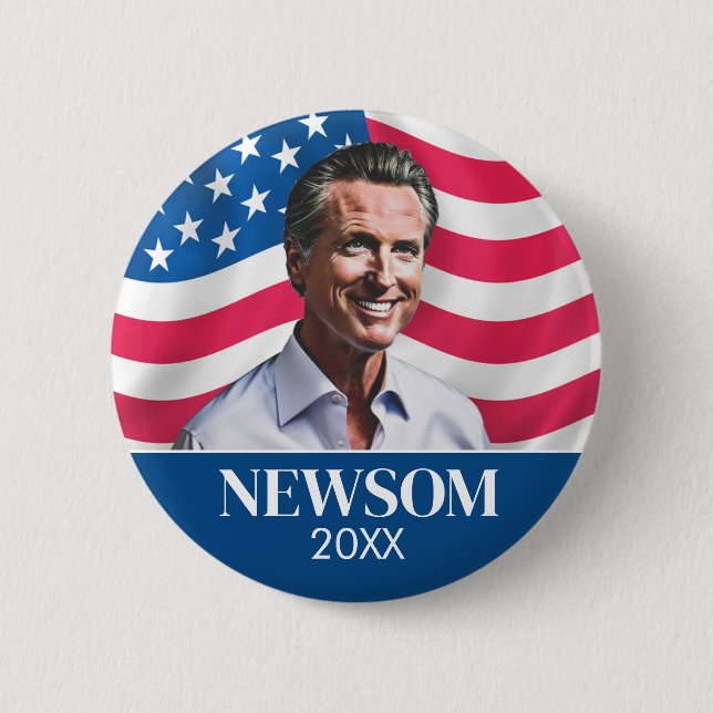Chapa Redonda De 5 Cm Foto de campaña de Gavin Newsom con bandera (Anverso)