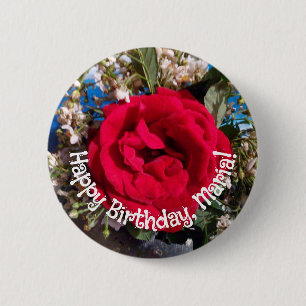 Chapa Redonda De 5 Cm Foto de cumpleaños con rosas rojas elegantes
