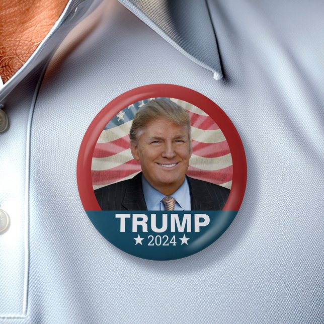 Chapa Redonda De 5 Cm Foto de Donald Trump - Bandera estadounidense del  (Trump 2024 Button - Great Campaign and Rally button for the Next Election)