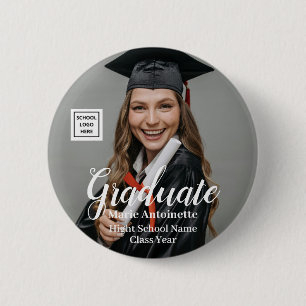 Chapa Redonda De 5 Cm Foto de graduado con logotipo de la escuela Gradua