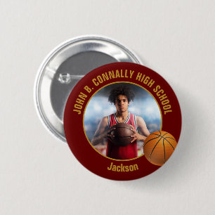 Chapa Redonda De 5 Cm Foto de jugador de baloncesto en oro granate Escue