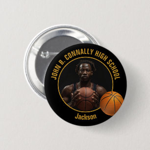 Chapa Redonda De 5 Cm Foto de jugador de baloncesto negro oro escuela se