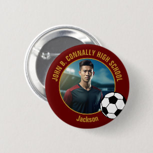 Chapa Redonda De 5 Cm Foto de jugador de fútbol Maroon Gold Escuela Secu