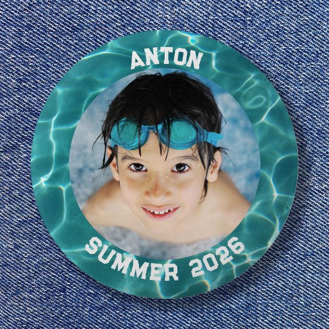 Chapa Redonda De 5 Cm Foto Deportiva Aqua Piscina Verde Frontera (Sports Photo Aqua Green Swimming Pool Border Button)