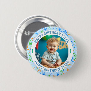 Chapa Redonda De 5 Cm Foto, nombre y cumpleaños personalizados de Confet