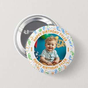 Chapa Redonda De 5 Cm Foto, nombre y cumpleaños personalizados de Confet
