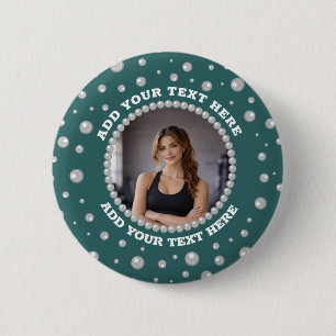 Chapa Redonda De 5 Cm Foto personalizada con círculo de perlas sobre azu
