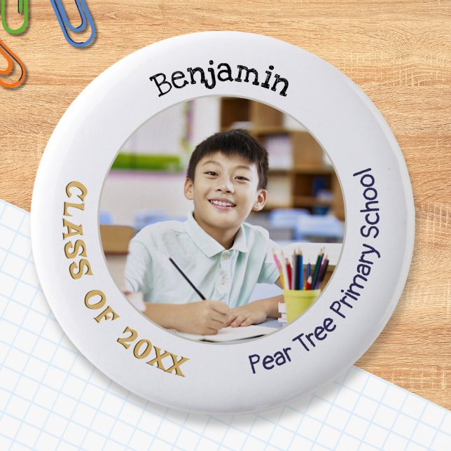 Chapa Redonda De 5 Cm Foto Recuerdo de Graduado de Primaria (A button for primary and elementary school leavers, with name, photo, class of (year) and school)